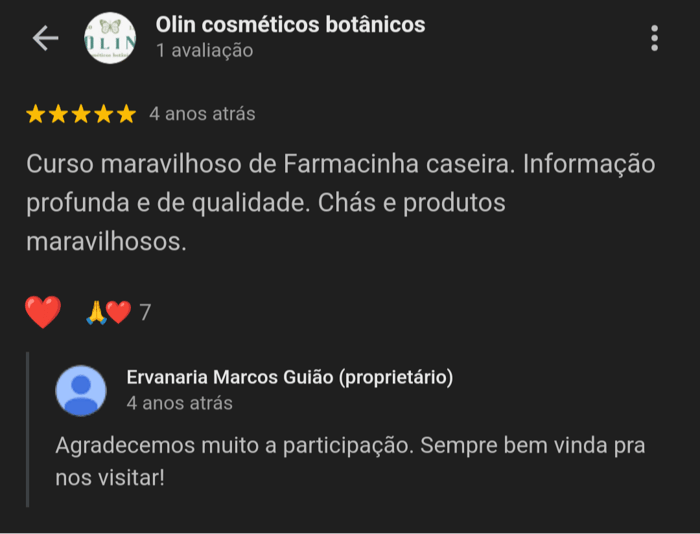 Depoimento de Olin cosméticos botânicos sobre a Ervanaria